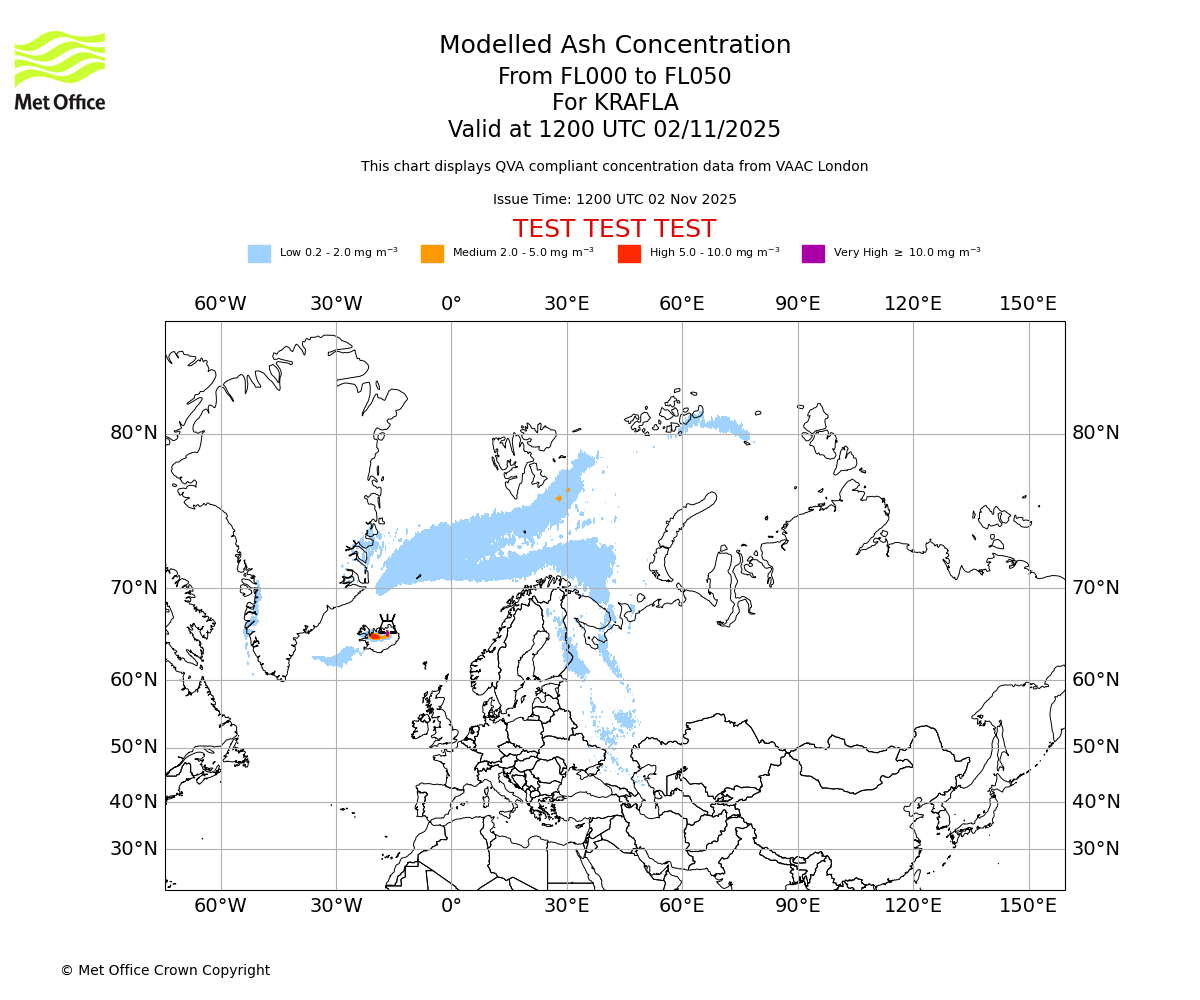 Modelled ash concentration from 000 to 050 for KRAFLA. Valid at 1200 UTC 02/11/2025