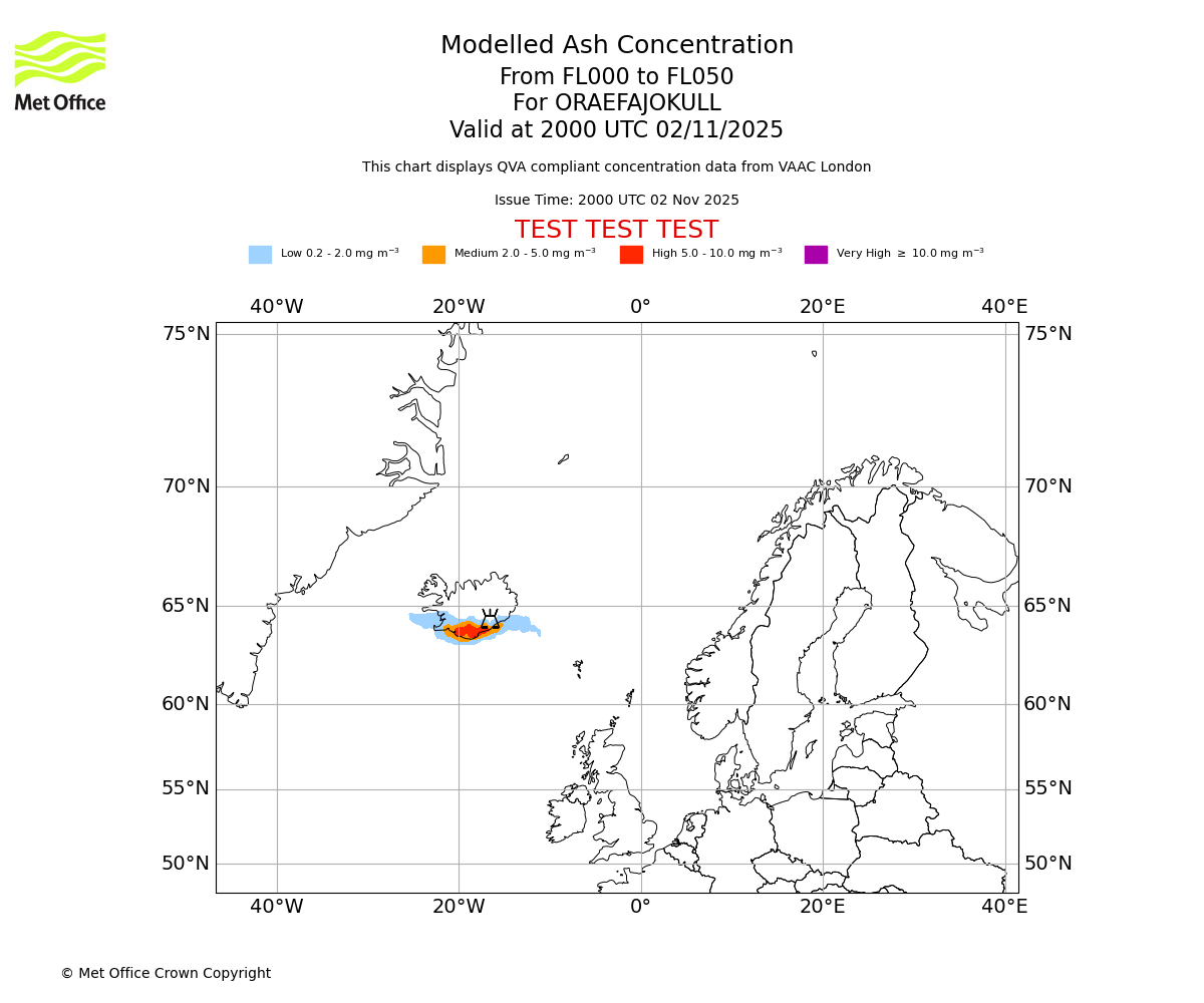 Modelled ash concentration from 000 to 050 for ORAEFAJOKULL. Valid at 2000 UTC 02/11/2025
