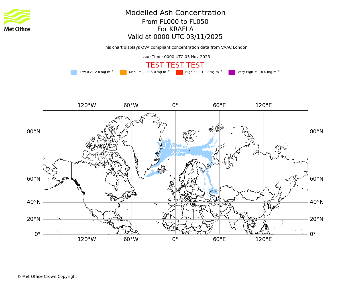 Modelled ash concentration from 000 to 050 for KRAFLA. Valid at 0000 UTC 03/11/2025