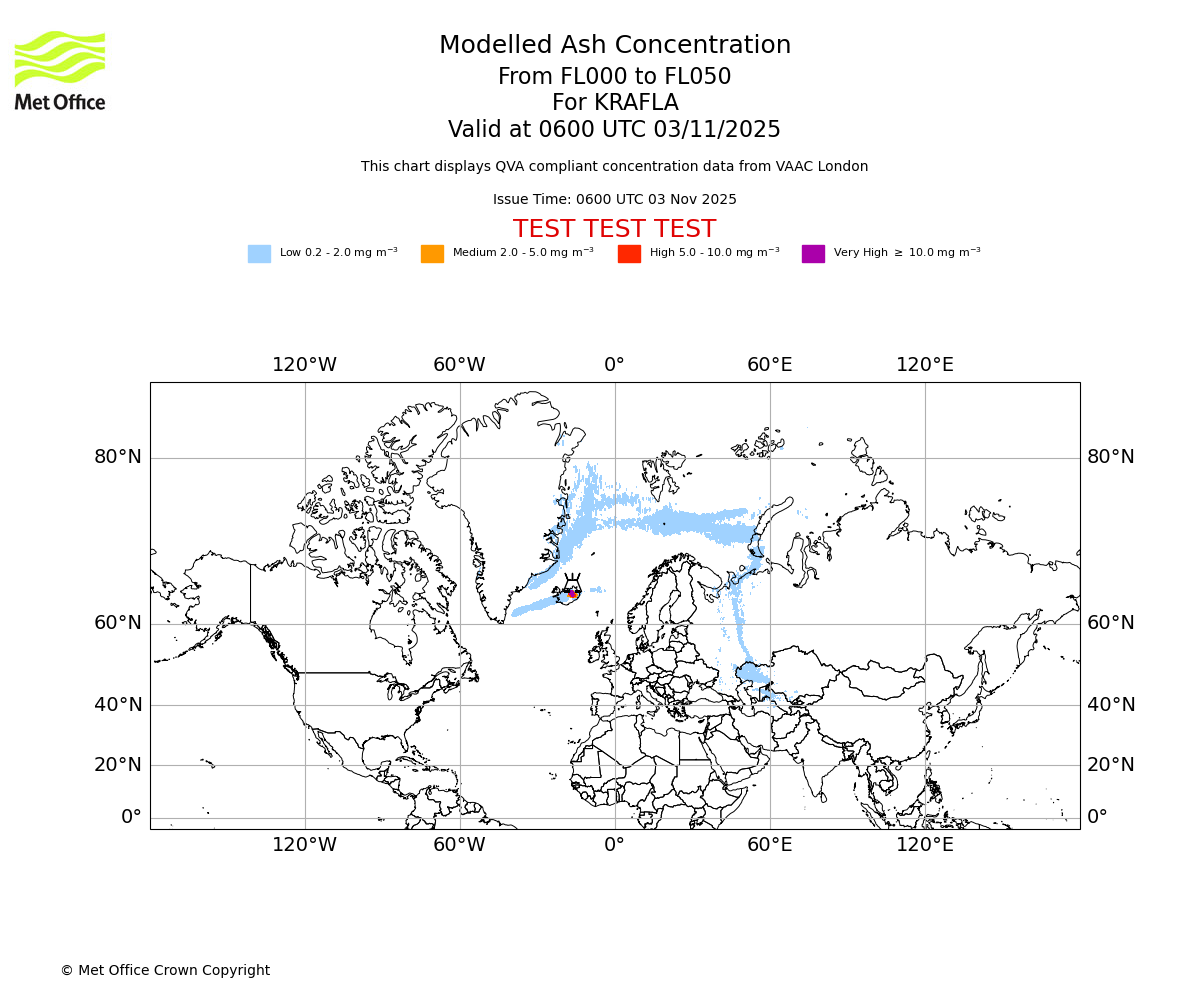 Modelled ash concentration from 000 to 050 for KRAFLA. Valid at 0600 UTC 03/11/2025