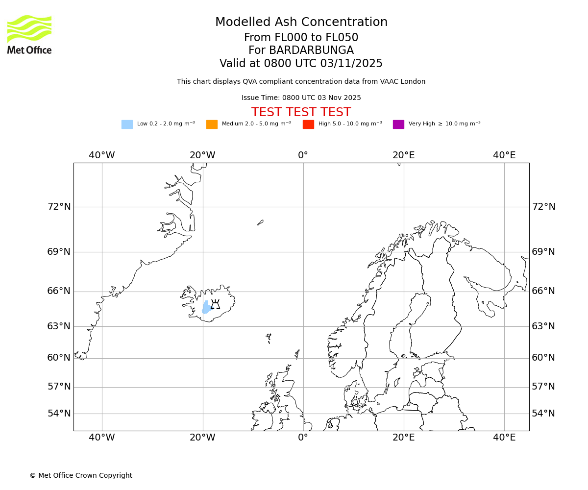 Modelled ash concentration from 000 to 050 for BARDARBUNGA. Valid at 0800 UTC 03/11/2025