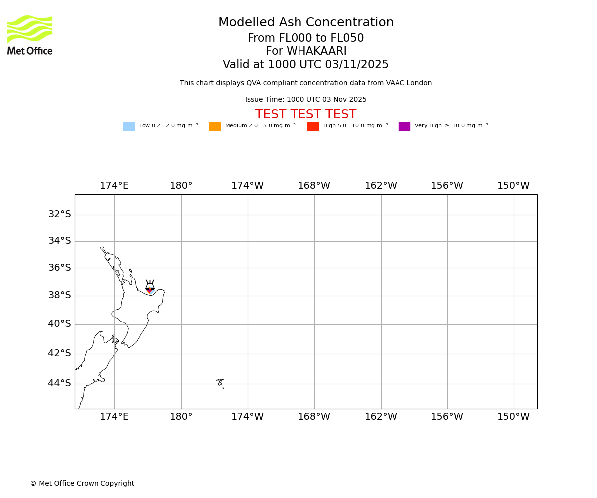 Modelled ash concentration from 000 to 050 for WHAKAARI. Valid at 1000 UTC 03/11/2025