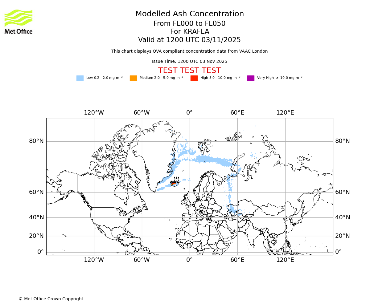 Modelled ash concentration from 000 to 050 for KRAFLA. Valid at 1200 UTC 03/11/2025
