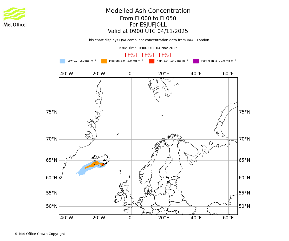 Modelled ash concentration from 000 to 050 for ESJUFJOLL. Valid at 0900 UTC 04/11/2025