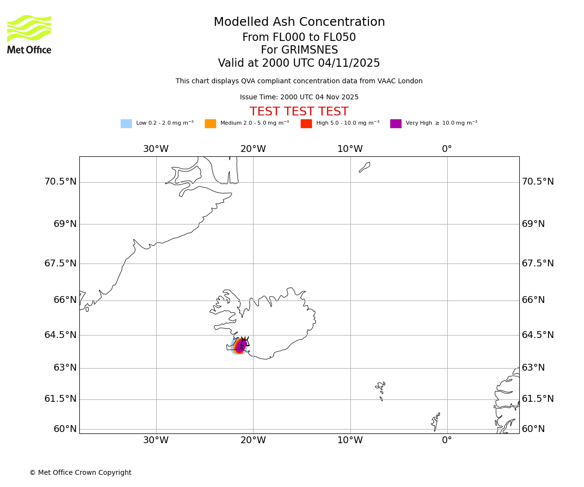 Modelled ash concentration from 000 to 050 for GRIMSNES. Valid at 2000 UTC 04/11/2025