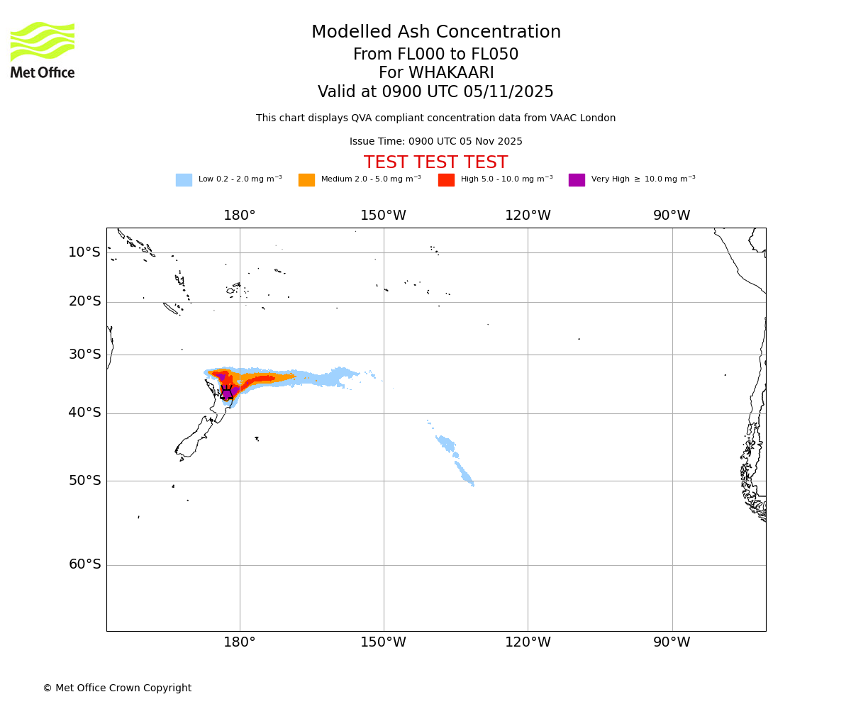 Modelled ash concentration from 000 to 050 for WHAKAARI. Valid at 0900 UTC 05/11/2025