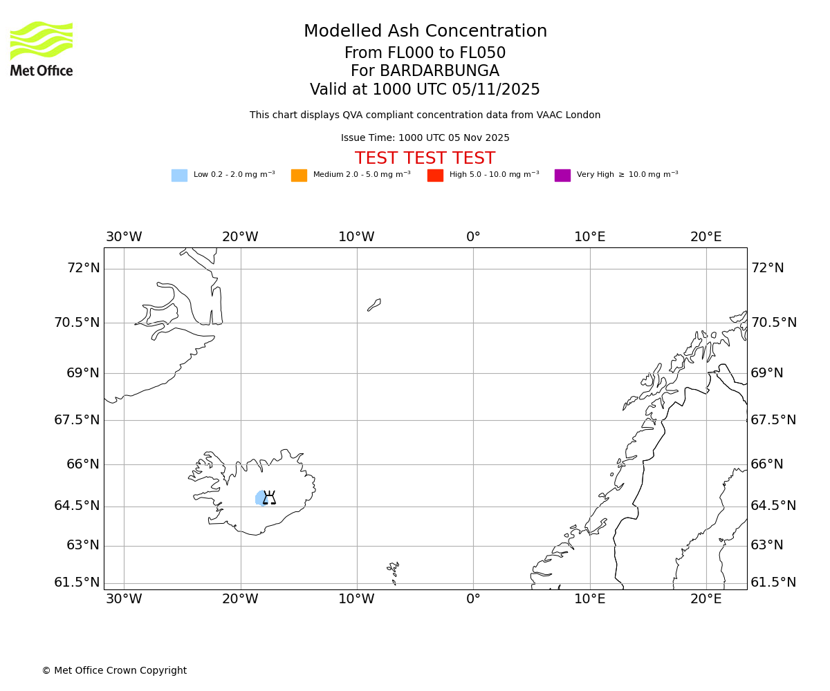 Modelled ash concentration from 000 to 050 for BARDARBUNGA. Valid at 1000 UTC 05/11/2025