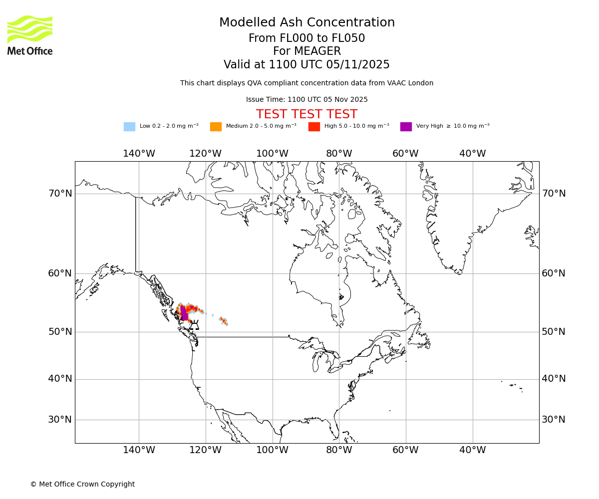Modelled ash concentration from 000 to 050 for MEAGER. Valid at 1100 UTC 05/11/2025