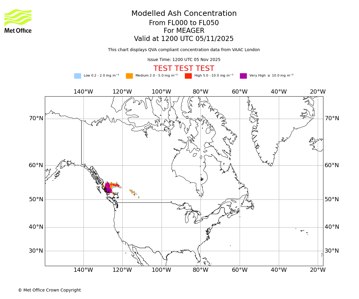 Modelled ash concentration from 000 to 050 for MEAGER. Valid at 1200 UTC 05/11/2025