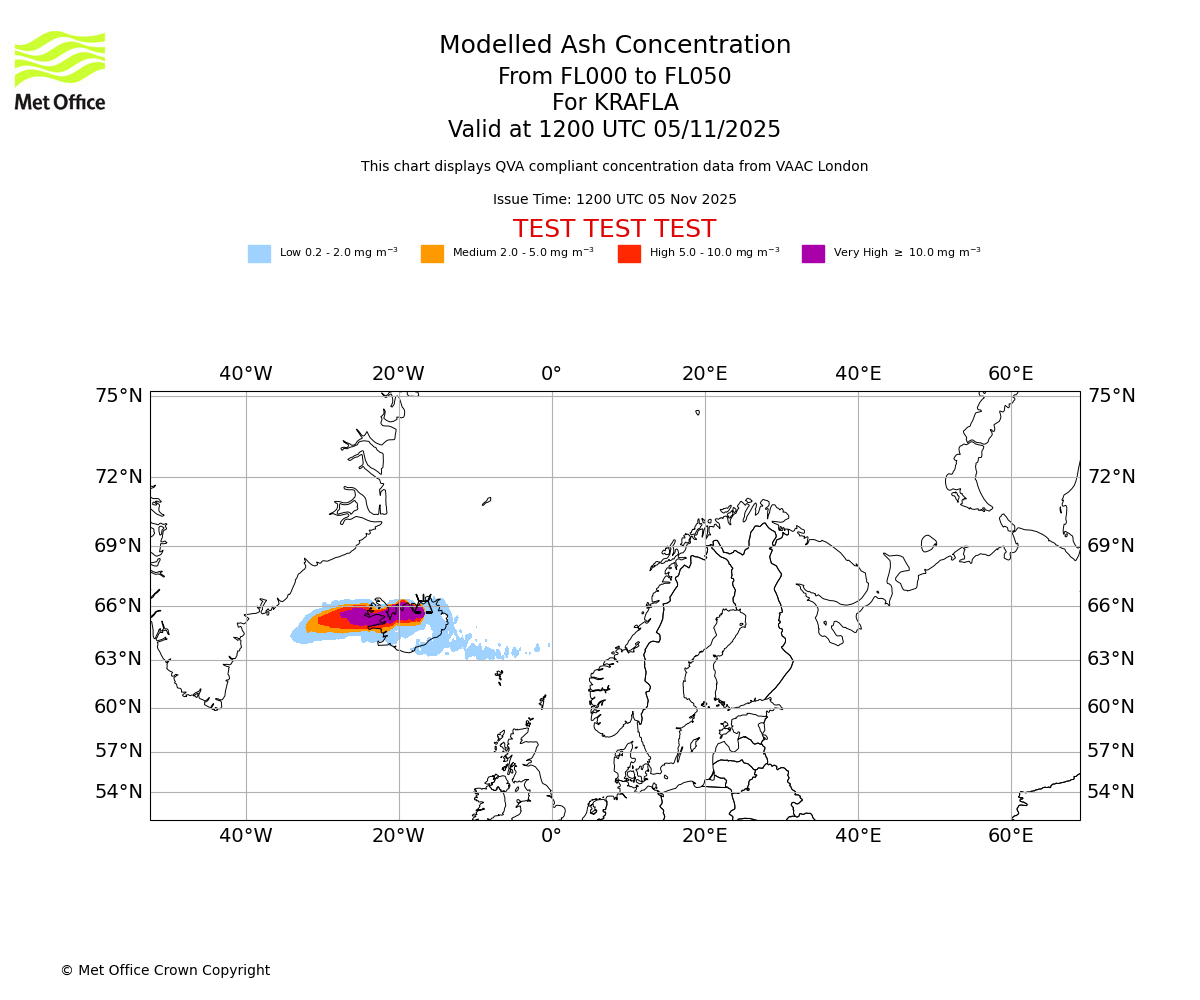 Modelled ash concentration from 000 to 050 for KRAFLA. Valid at 1200 UTC 05/11/2025