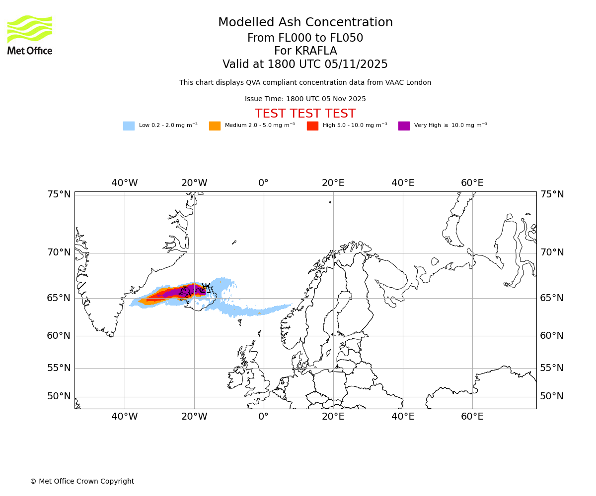 Modelled ash concentration from 000 to 050 for KRAFLA. Valid at 1800 UTC 05/11/2025