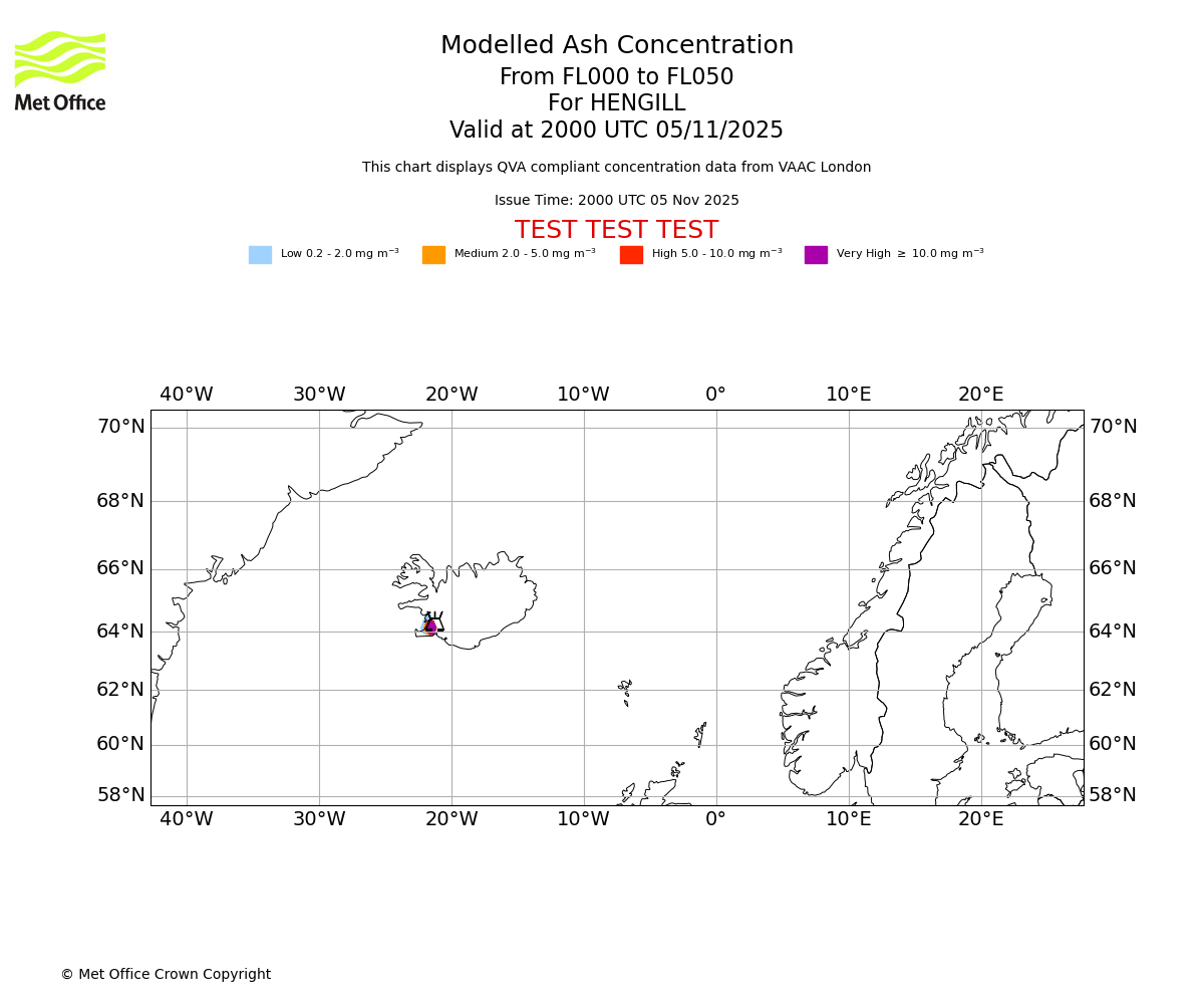Modelled ash concentration from 000 to 050 for HENGILL. Valid at 2000 UTC 05/11/2025