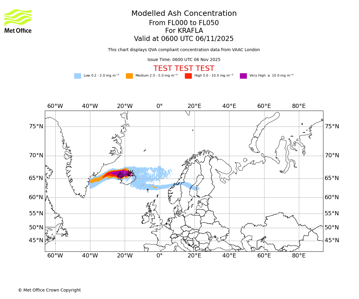 Modelled ash concentration from 000 to 050 for KRAFLA. Valid at 0600 UTC 06/11/2025