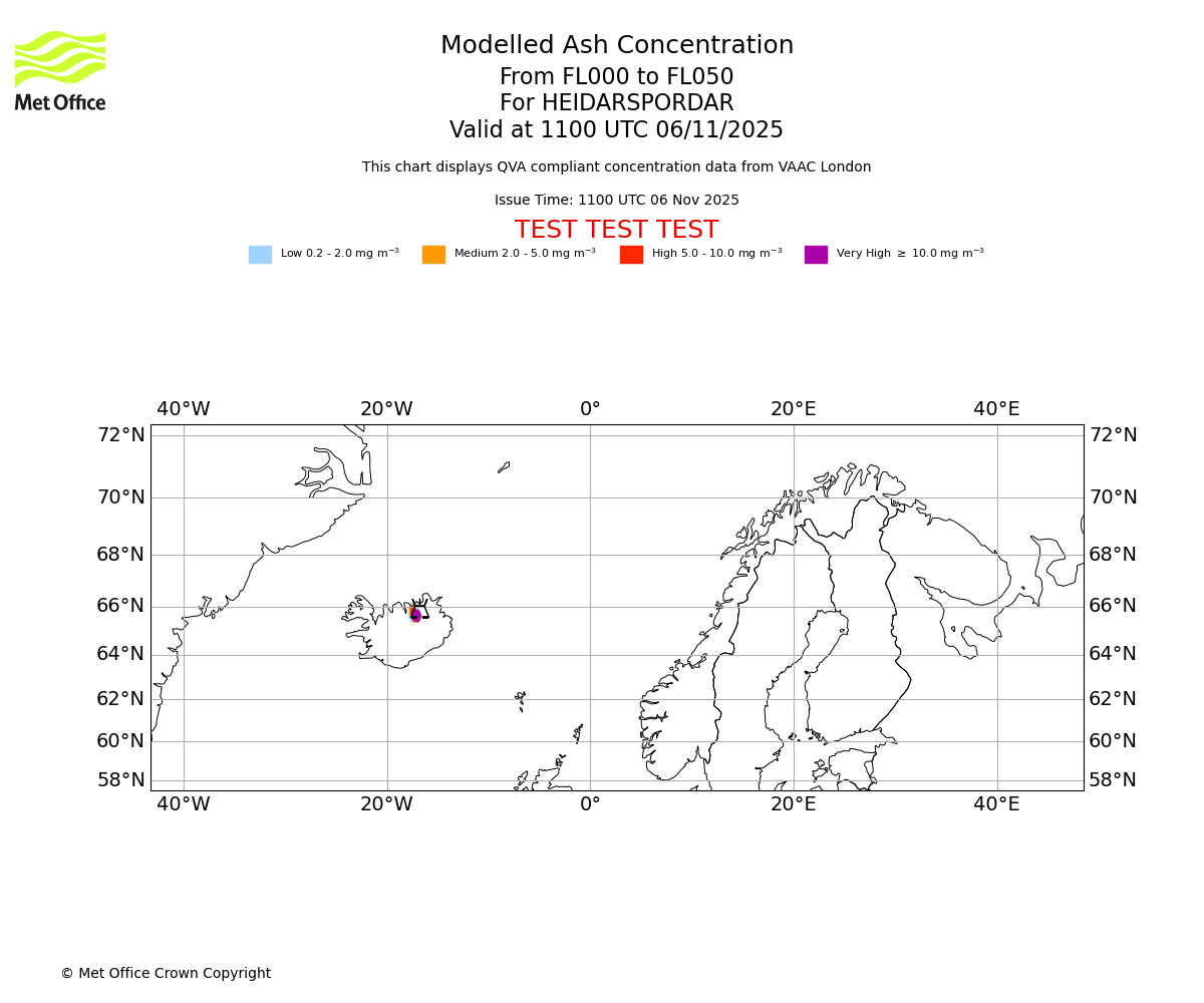 Modelled ash concentration from 000 to 050 for HEIDARSPORDAR. Valid at 1100 UTC 06/11/2025