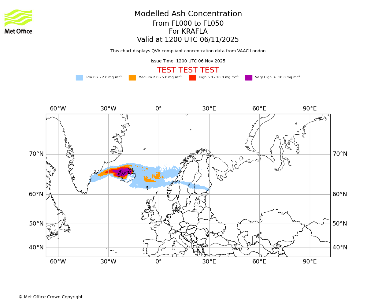 Modelled ash concentration from 000 to 050 for KRAFLA. Valid at 1200 UTC 06/11/2025