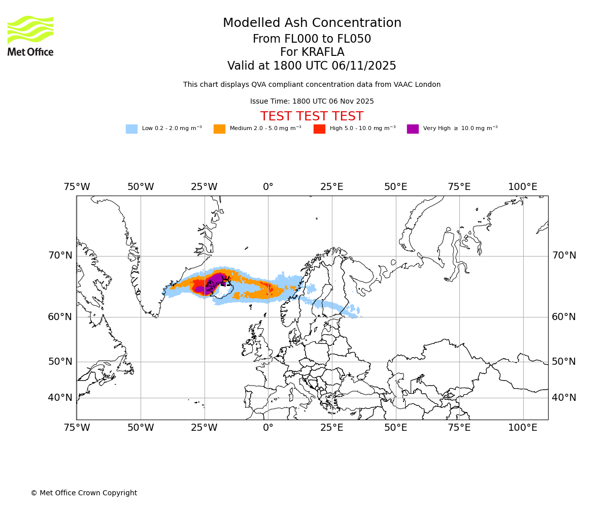 Modelled ash concentration from 000 to 050 for KRAFLA. Valid at 1800 UTC 06/11/2025