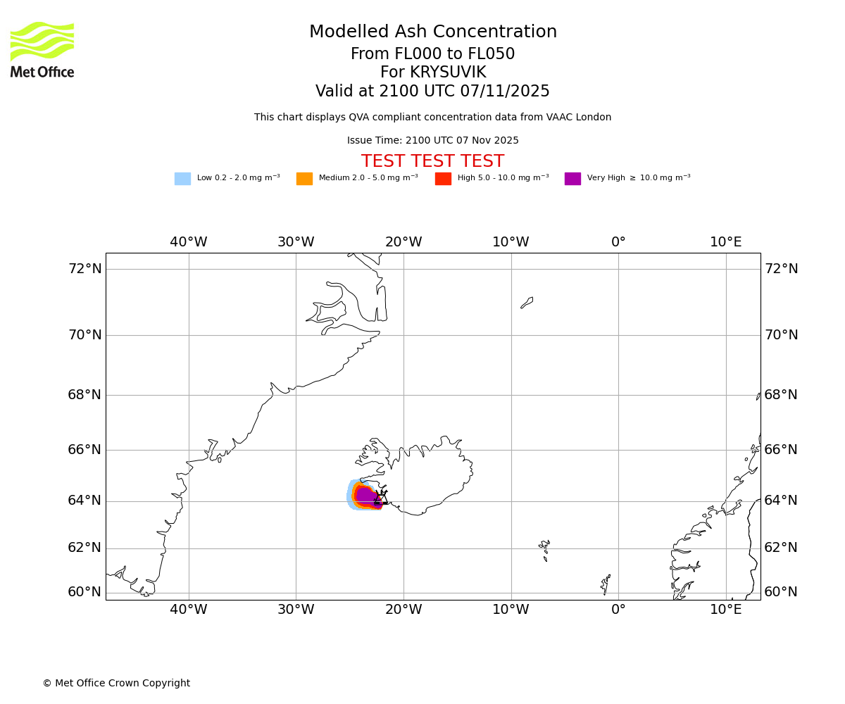 Modelled ash concentration from 000 to 050 for KRYSUVIK. Valid at 2100 UTC 07/11/2025