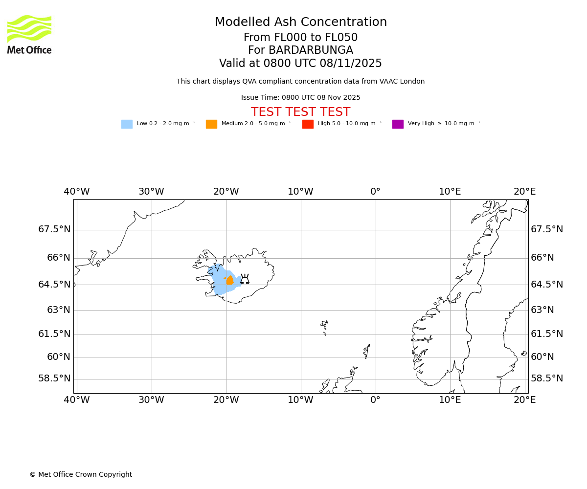 Modelled ash concentration from 000 to 050 for BARDARBUNGA. Valid at 0800 UTC 08/11/2025
