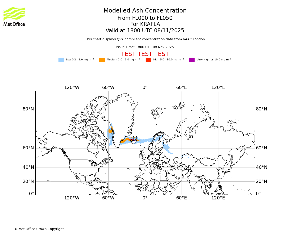 Modelled ash concentration from 000 to 050 for KRAFLA. Valid at 1800 UTC 08/11/2025