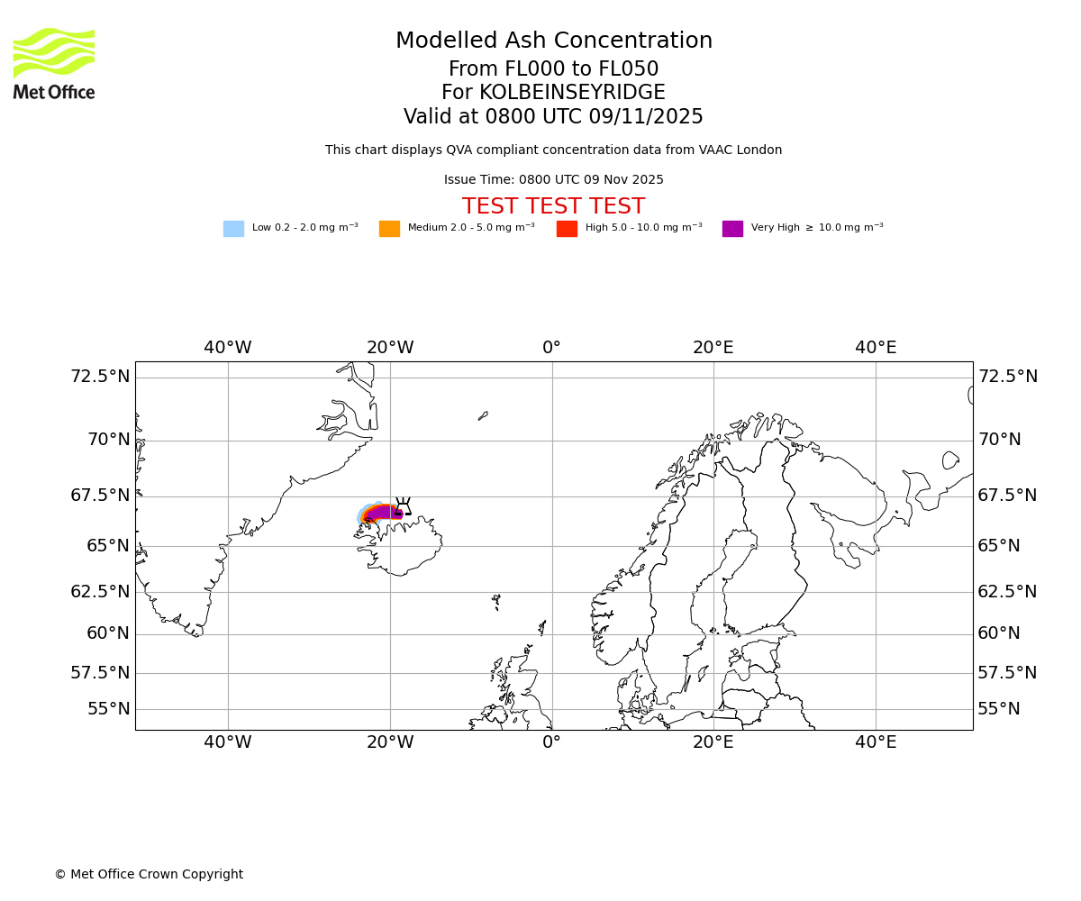 Modelled ash concentration from 000 to 050 for KOLBEINSEYRIDGE. Valid at 0800 UTC 09/11/2025