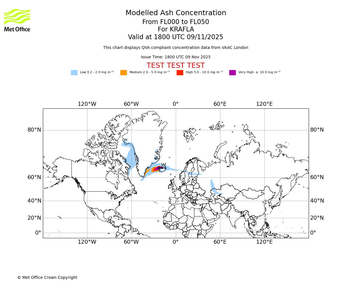 Modelled ash concentration from 000 to 050 for KRAFLA. Valid at 1800 UTC 09/11/2025