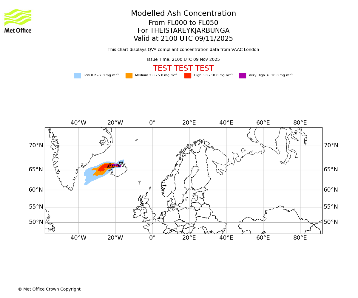 Modelled ash concentration from 000 to 050 for THEISTAREYKJARBUNGA. Valid at 2100 UTC 09/11/2025