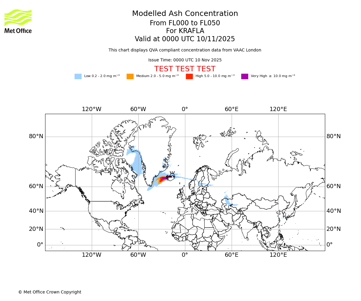 Modelled ash concentration from 000 to 050 for KRAFLA. Valid at 0000 UTC 10/11/2025