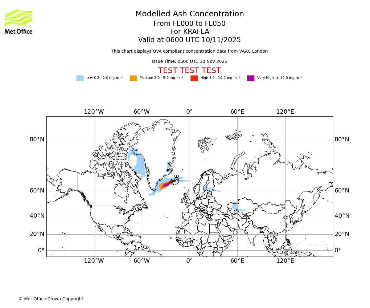 Modelled ash concentration from 000 to 050 for KRAFLA. Valid at 0600 UTC 10/11/2025