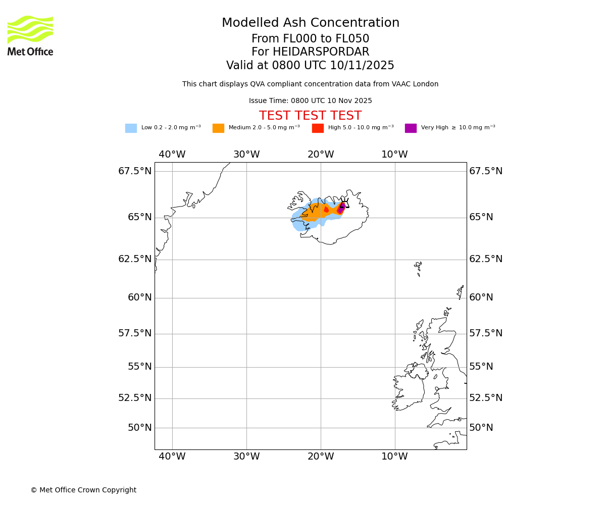 Modelled ash concentration from 000 to 050 for HEIDARSPORDAR. Valid at 0800 UTC 10/11/2025