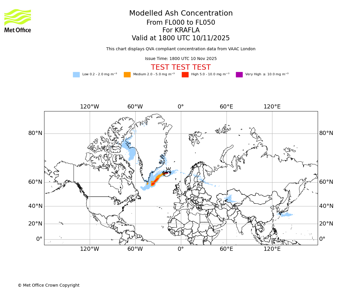 Modelled ash concentration from 000 to 050 for KRAFLA. Valid at 1800 UTC 10/11/2025