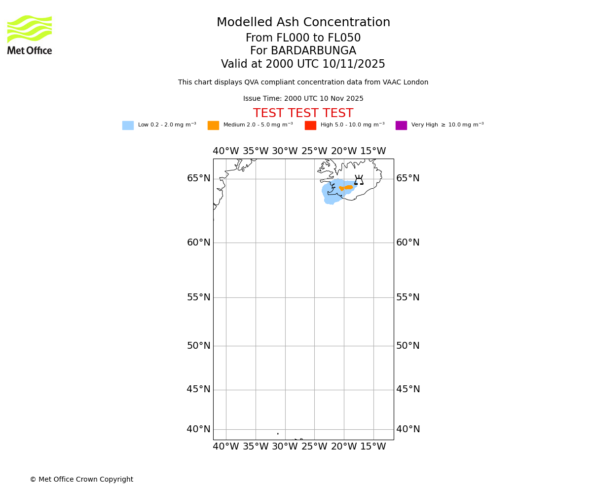 Modelled ash concentration from 000 to 050 for BARDARBUNGA. Valid at 2000 UTC 10/11/2025