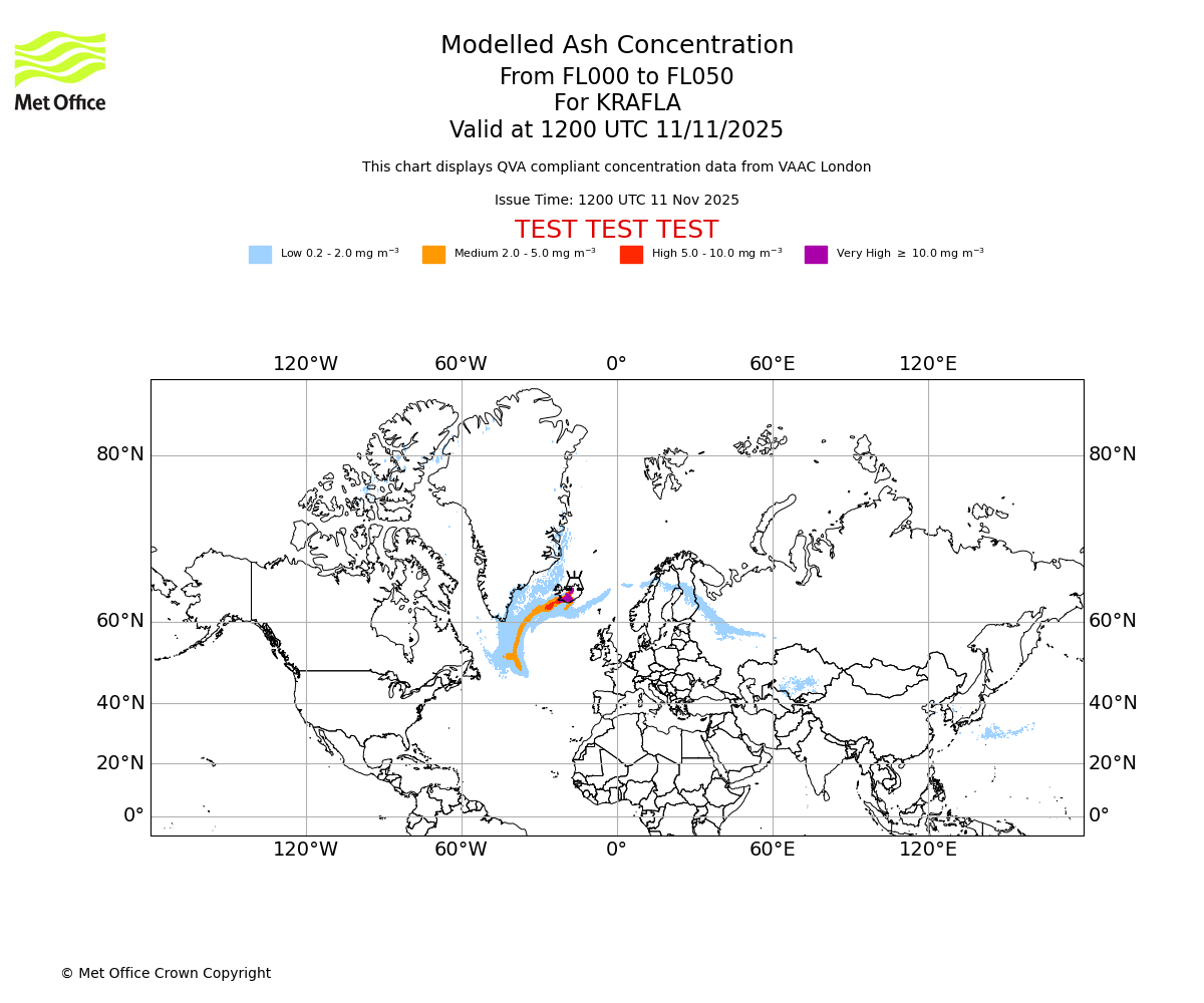 Modelled ash concentration from 000 to 050 for KRAFLA. Valid at 1200 UTC 11/11/2025