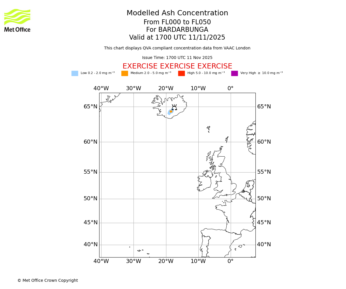 Modelled ash concentration from 000 to 050 for BARDARBUNGA. Valid at 1700 UTC 11/11/2025