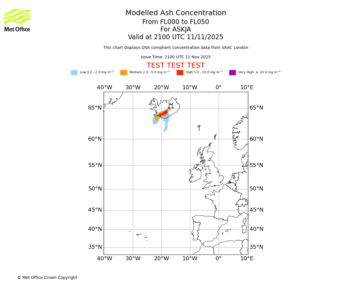 Modelled ash concentration from 000 to 050 for ASKJA. Valid at 2100 UTC 11/11/2025