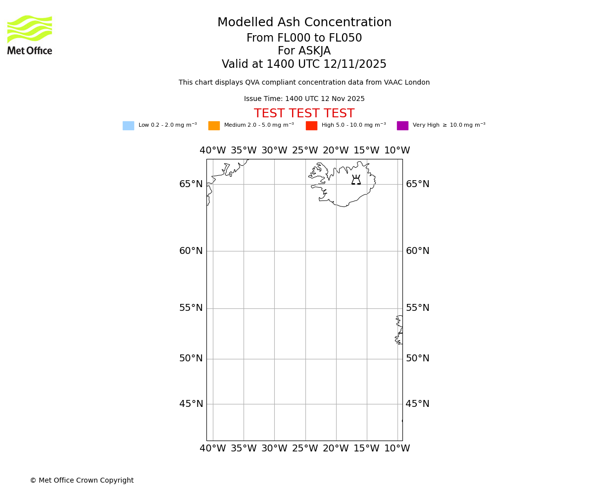 Modelled ash concentration from 000 to 050 for ASKJA. Valid at 1400 UTC 12/11/2025