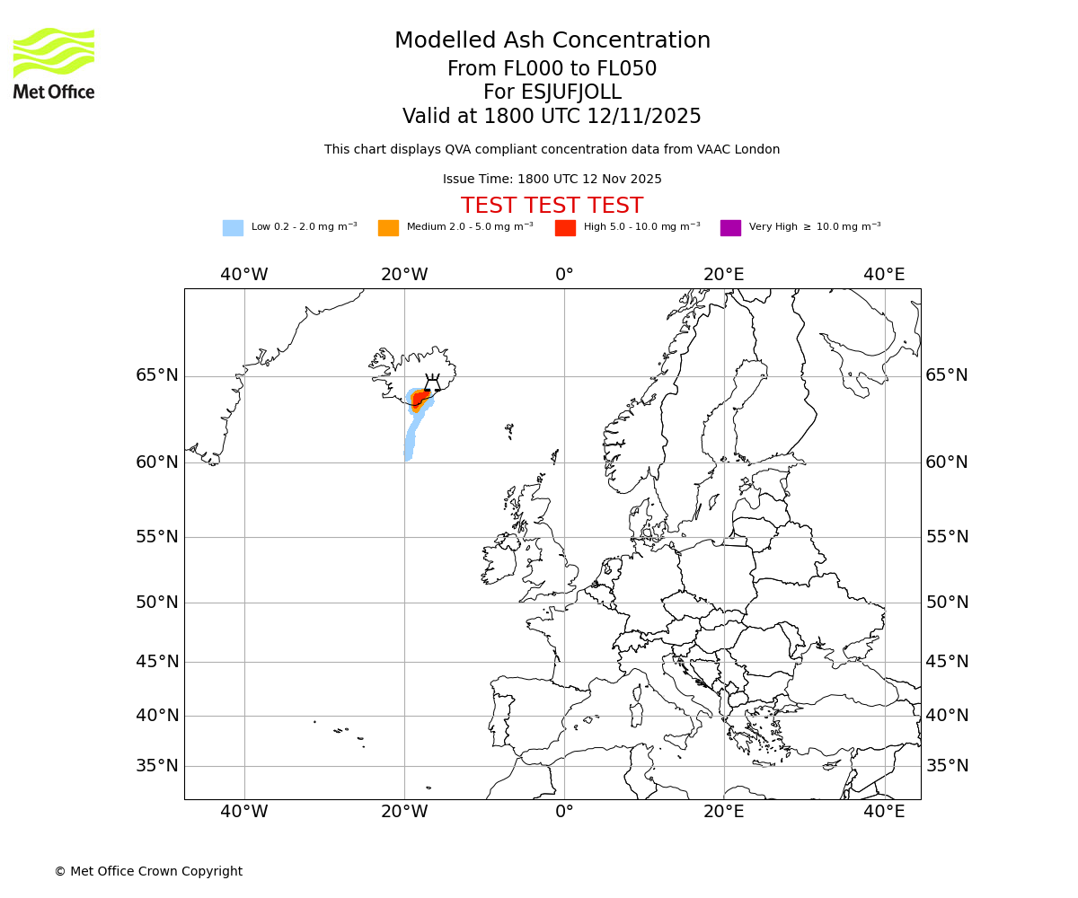Modelled ash concentration from 000 to 050 for ESJUFJOLL. Valid at 1800 UTC 12/11/2025