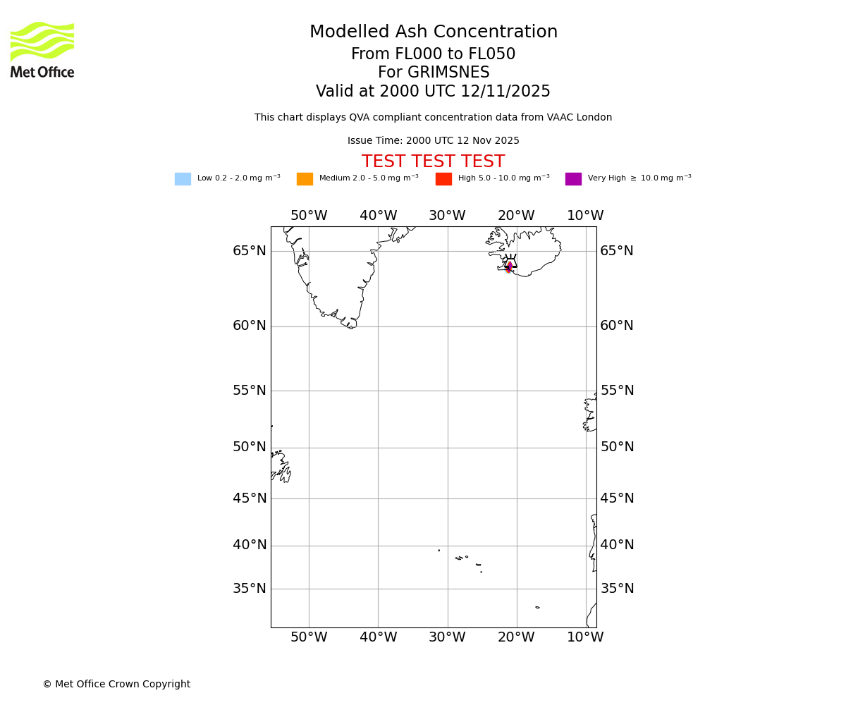 Modelled ash concentration from 000 to 050 for GRIMSNES. Valid at 2000 UTC 12/11/2025