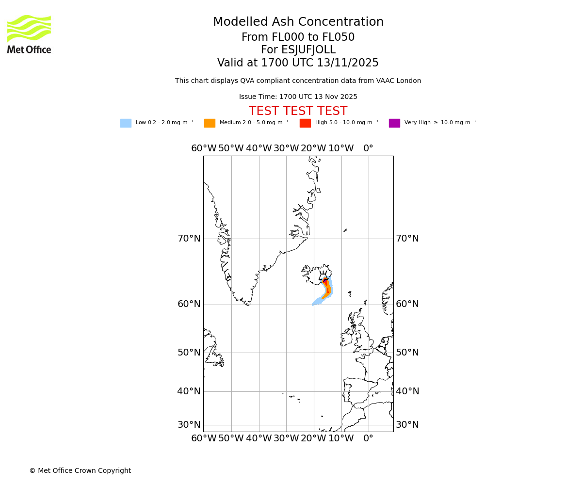 Modelled ash concentration from 000 to 050 for ESJUFJOLL. Valid at 1700 UTC 13/11/2025