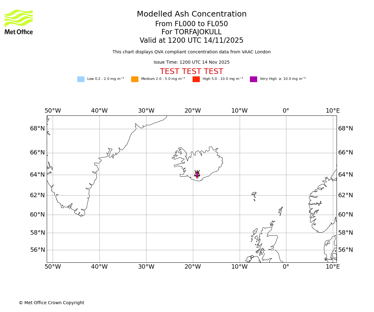 Modelled ash concentration from 000 to 050 for TORFAJOKULL. Valid at 1200 UTC 14/11/2025