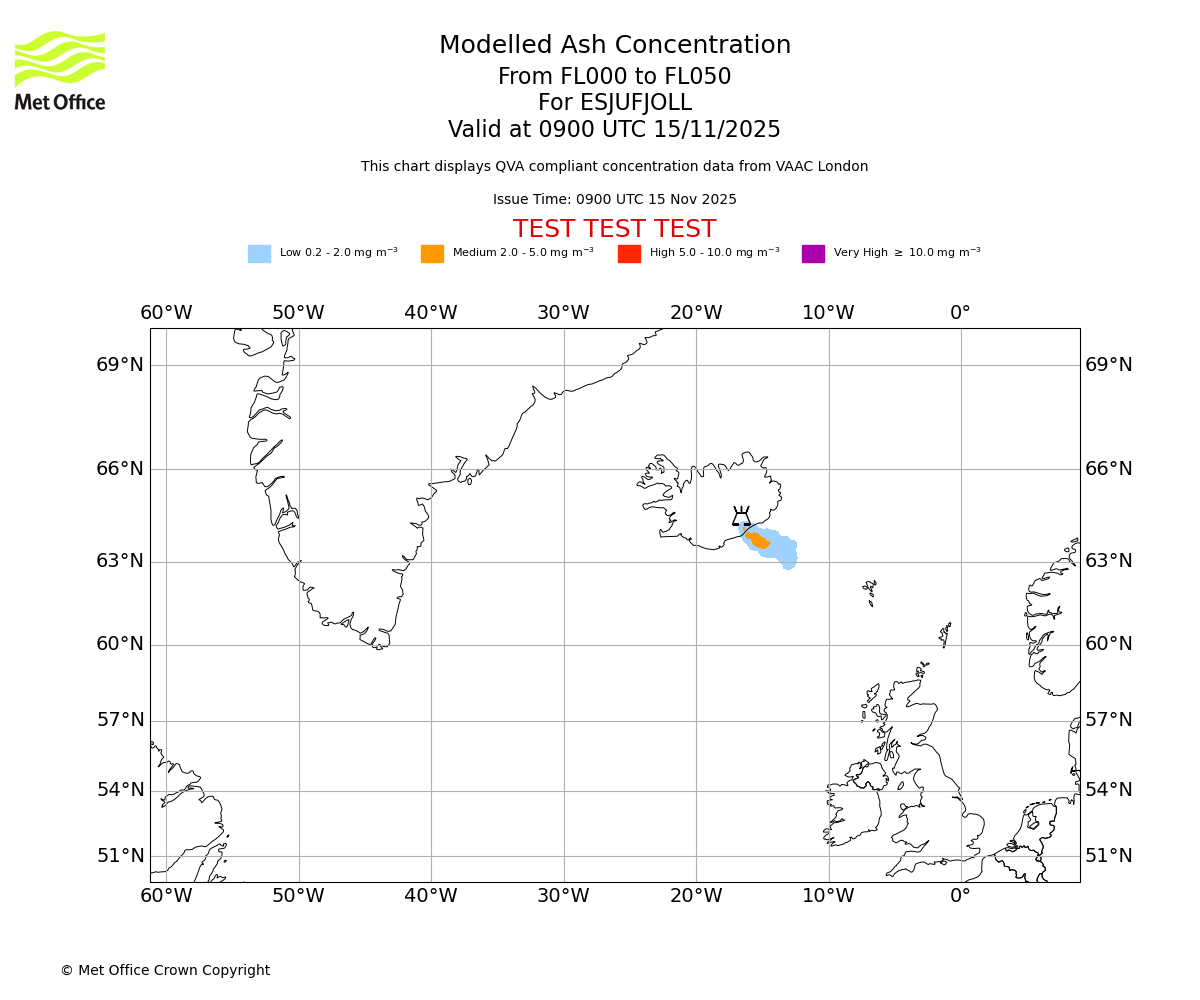 Modelled ash concentration from 000 to 050 for ESJUFJOLL. Valid at 0900 UTC 15/11/2025
