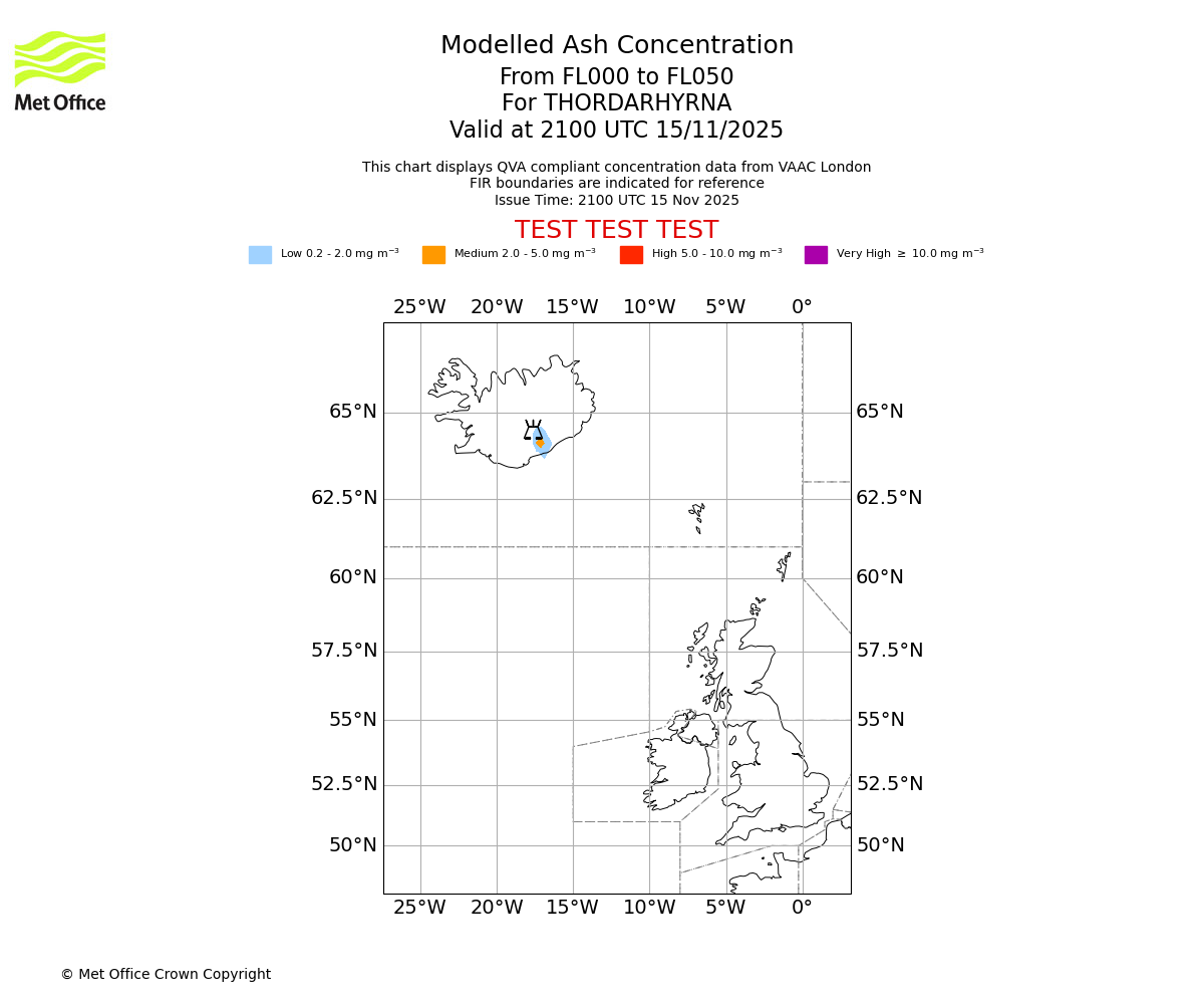 Modelled ash concentration from 000 to 050 for THORDARHYRNA. Valid at 2100 UTC 15/11/2025