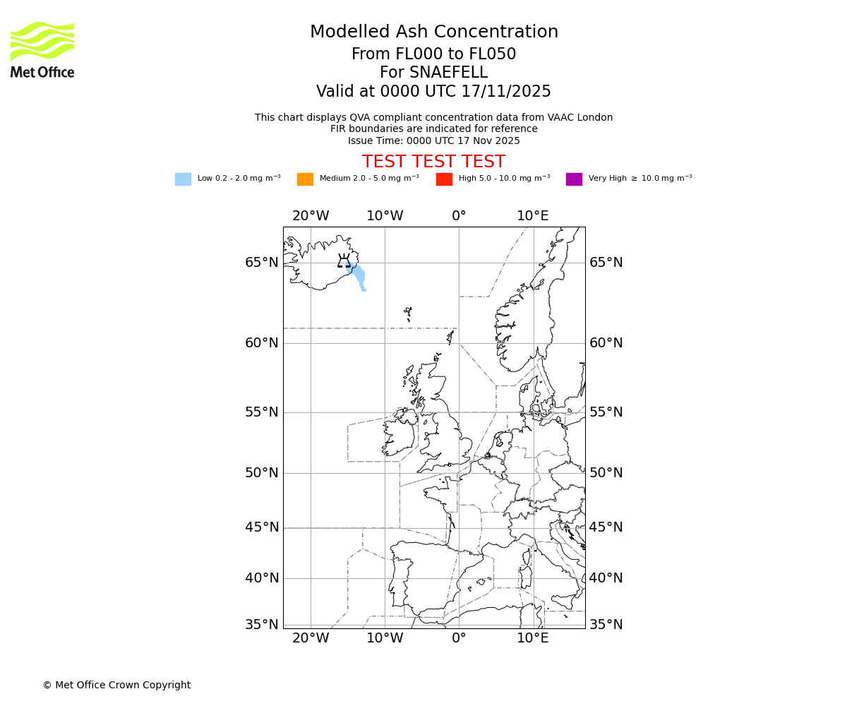 Modelled ash concentration from 000 to 050 for SNAEFELL. Valid at 0000 UTC 17/11/2025