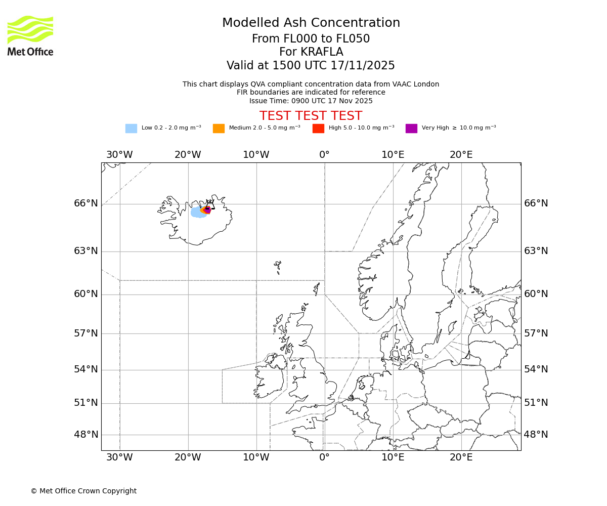 Modelled ash concentration from 000 to 050 for KRAFLA. Valid at 1500 UTC 17/11/2025