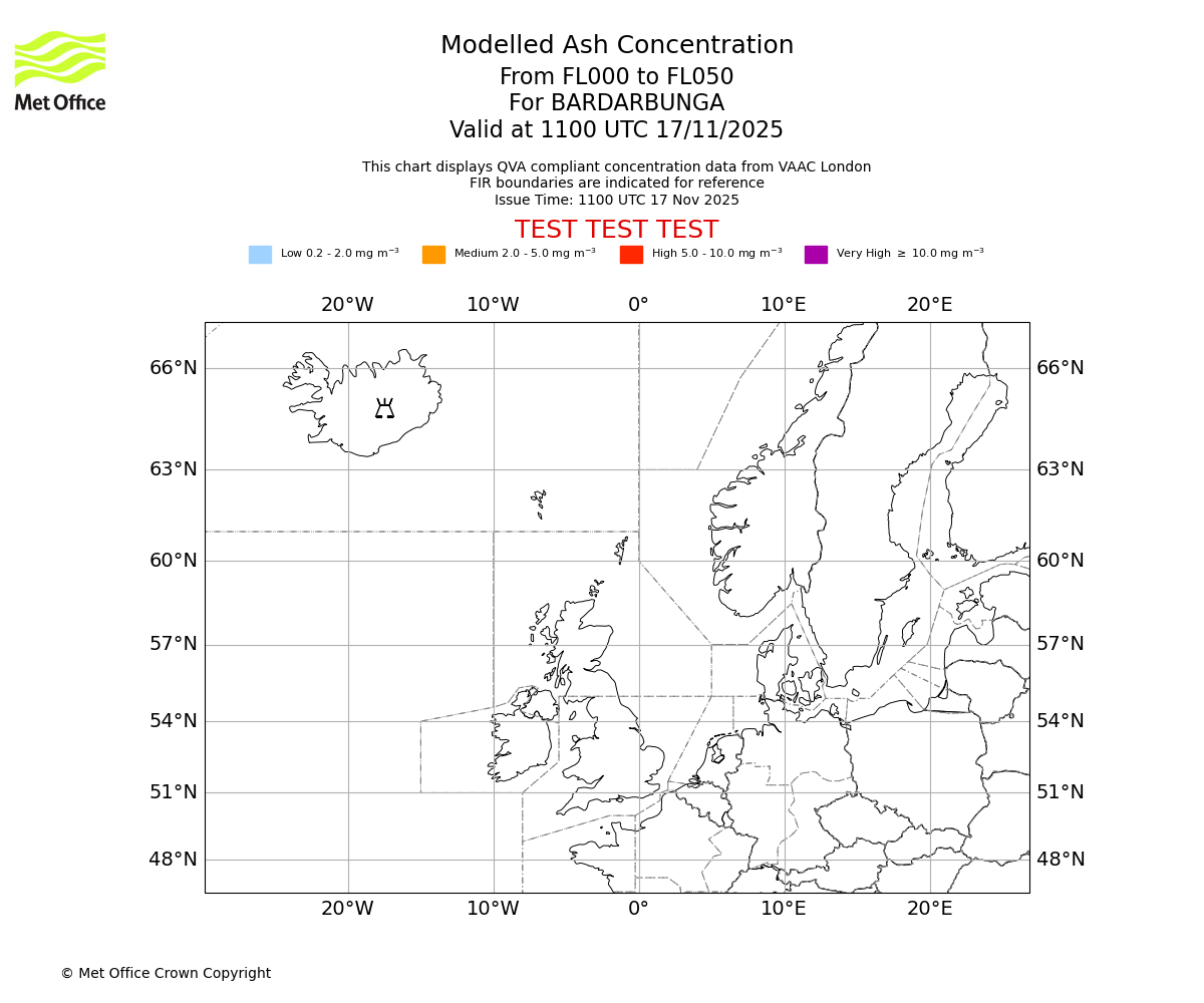 Modelled ash concentration from 000 to 050 for BARDARBUNGA. Valid at 1100 UTC 17/11/2025