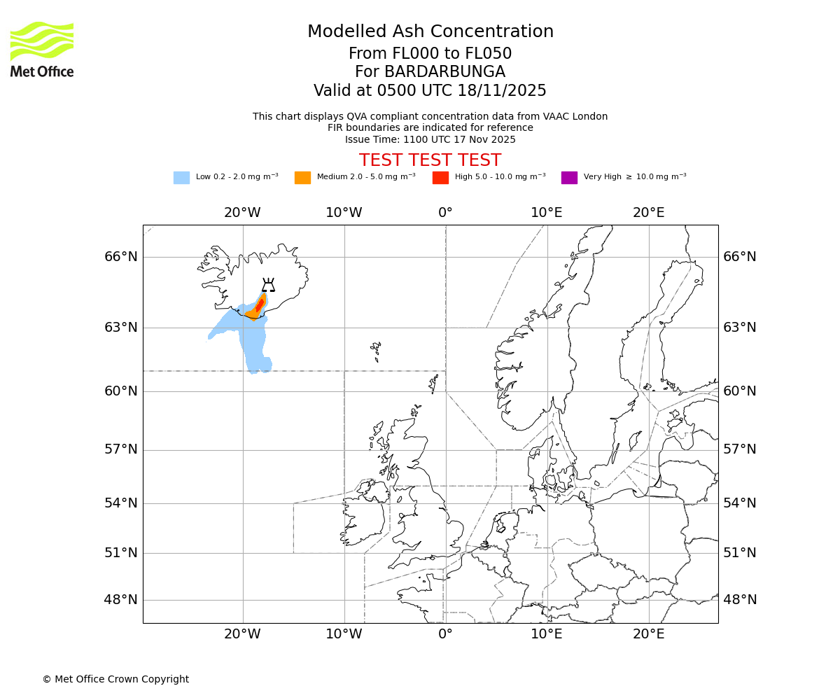 Modelled ash concentration from 000 to 050 for BARDARBUNGA. Valid at 0500 UTC 18/11/2025