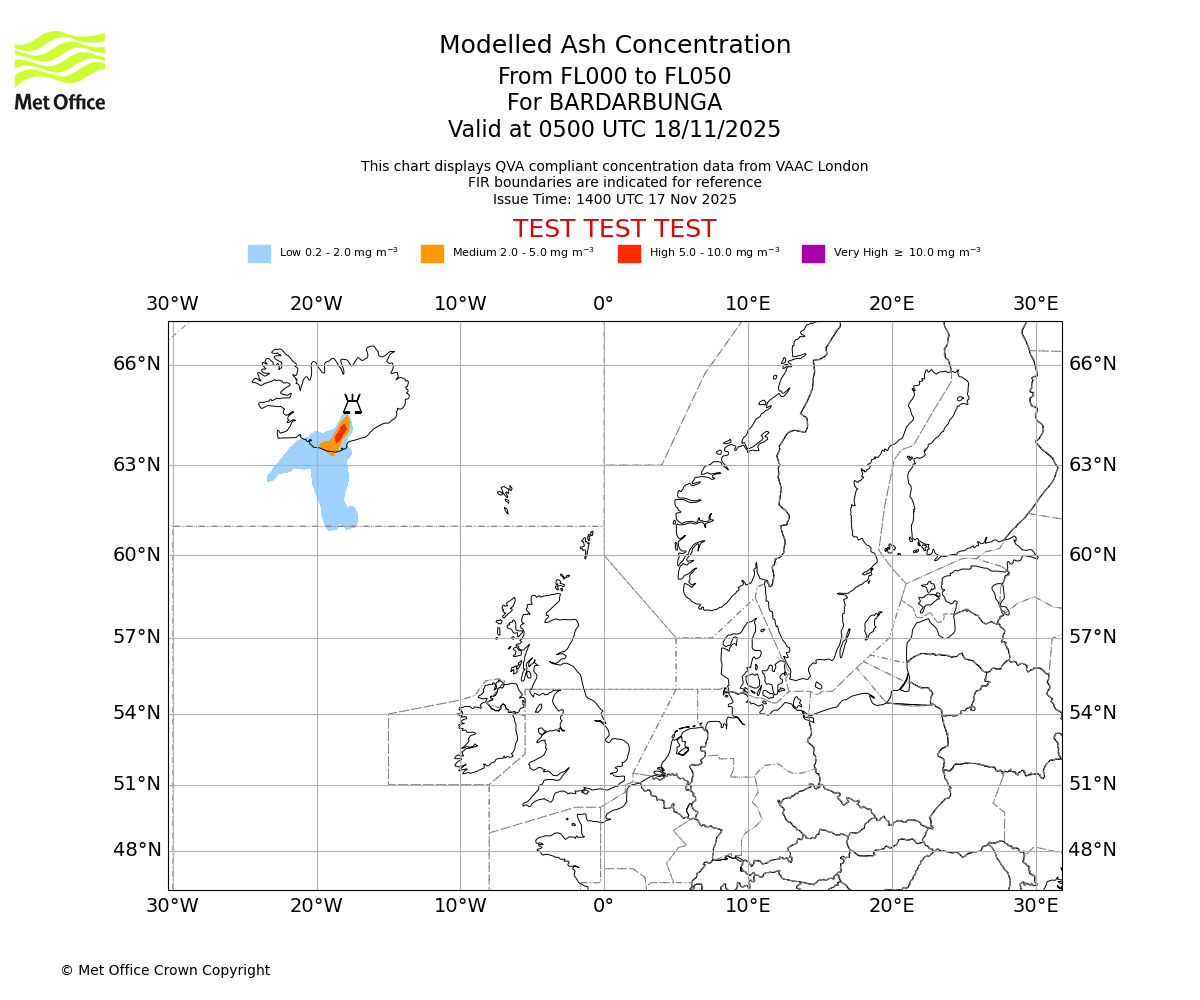 Modelled ash concentration from 000 to 050 for BARDARBUNGA. Valid at 0500 UTC 18/11/2025