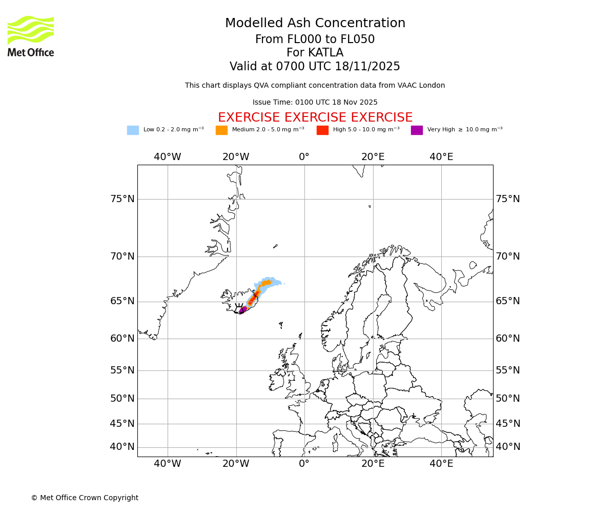 Modelled ash concentration from 000 to 050 for KATLA. Valid at 0700 UTC 18/11/2025