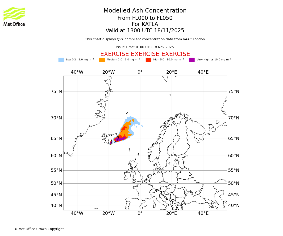Modelled ash concentration from 000 to 050 for KATLA. Valid at 1300 UTC 18/11/2025