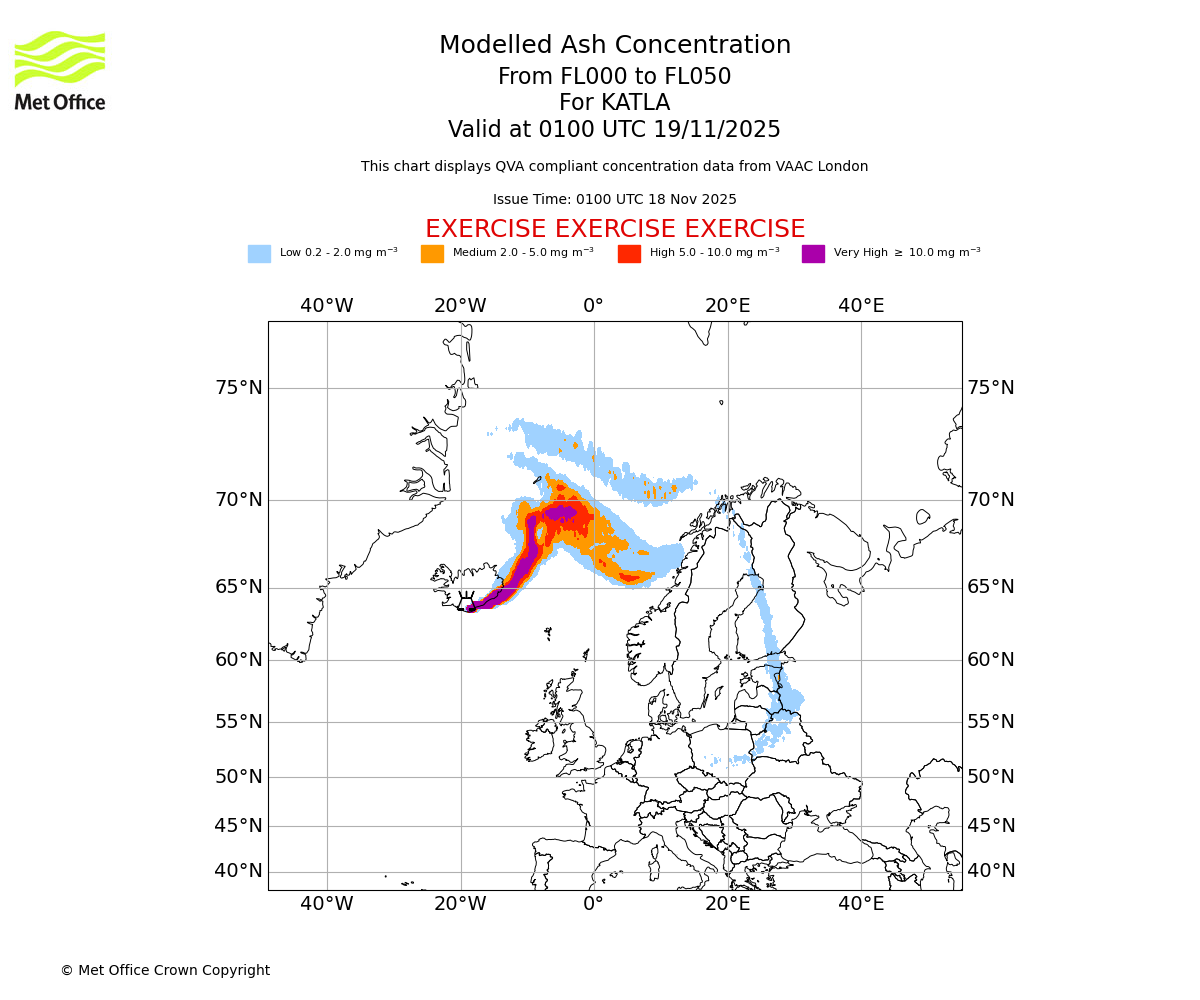 Modelled ash concentration from 000 to 050 for KATLA. Valid at 0100 UTC 19/11/2025