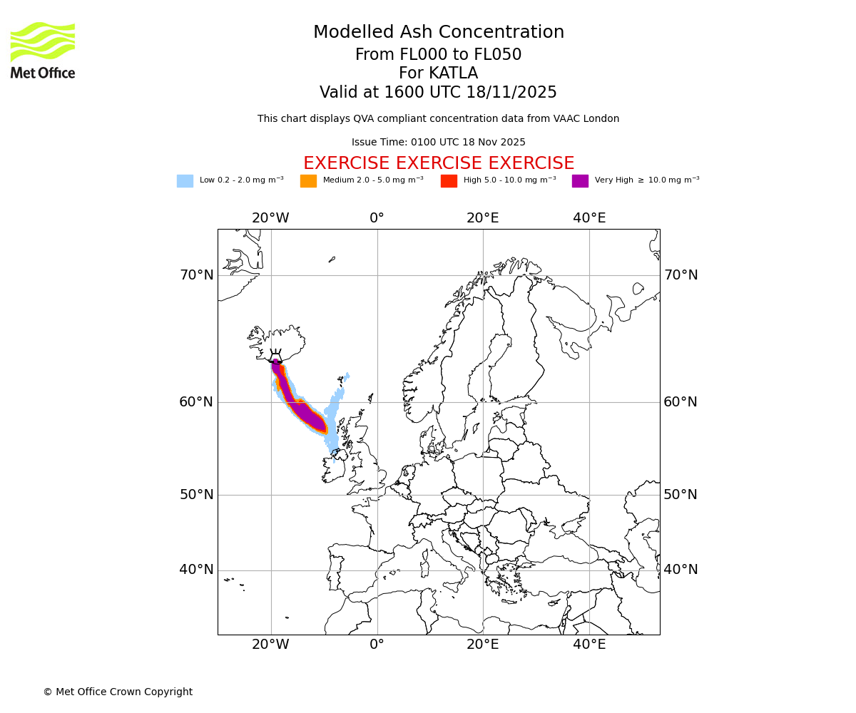 Modelled ash concentration from 000 to 050 for KATLA. Valid at 1600 UTC 18/11/2025